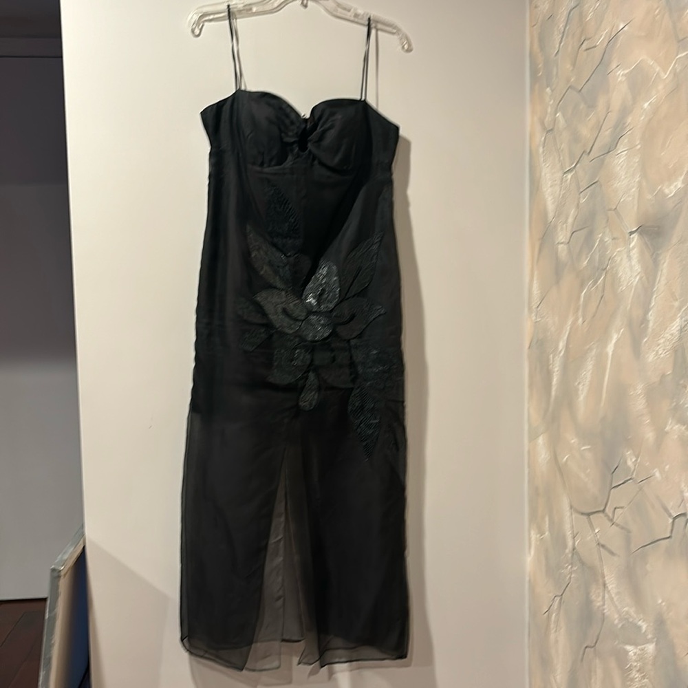 Vintage Del Rosario strappy black and grey evening gown with leather accents